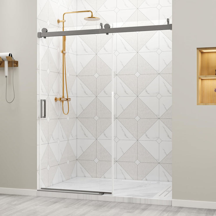 56"-60" W x 76" H Shower Door, Frameless Sliding Shower Glass Door with 1/4" (6mm) Clear Tempered Glass, Noiseless & Shatterproof Shower Door, Reversible Installation, Brushed Nickel