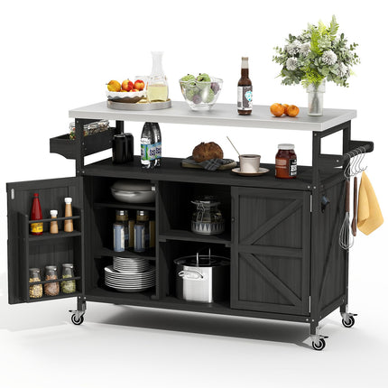 Outdoor Grill Cart, Stainless Steel Tabletop Outdoor Kitchen Island, Solid Wood Outdoor Buffet Cabinet with Lockable Wheels for Grilling, Black