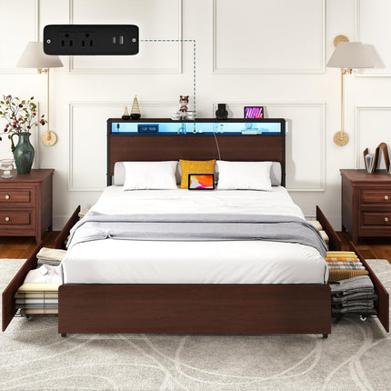 Queen Size Bed Frame with 4 Storage Drawers, Queen Platform Bed Frames with 2 Tier Storage Headboard, Charging Station, Adjustable LED Light, Noise-Free, No Box Spring Required, Reddish Brown