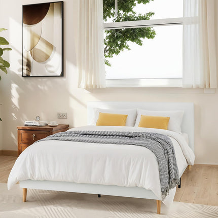 Upholstered Bed Frame Full/Queen, Velvet Upholstered Bed Frame with Headboard, Mattress Foundation with Sturdy Wooden Slats, No Box Spring Needed, No Noise, White