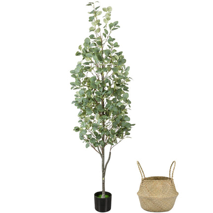 6FT Artificial Eucalyptus Tree with Wicker Basket & Black Pot, Indoor Green Faux Eucalyptus Trees, Fake Eucalyptus Plants with Lifelike Leaves & Natural Trunk for Home Office Bedroom, 1 Pack