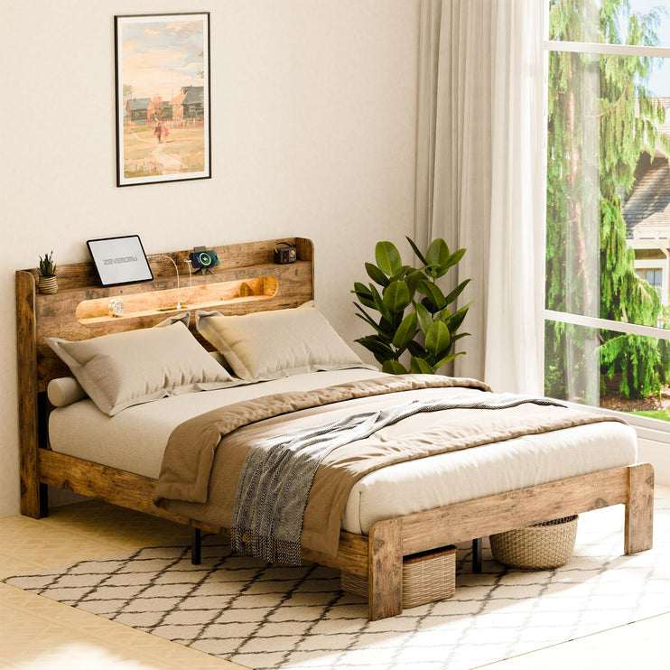 Full Size Bed Frame Wood, Full Bed Frame with LED Lights, Charging Station with 2 USB Ports & 2 AC Outlets, Sturdy Wood Framework, Noiseless, Rustic Brown (Arc Edge Rectangular Slot)