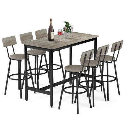 Dining Table Set for 6, 7-Piece Bar Table Set, Kitchen Table and Chairs, Counter Height High Top Table with 6 PU Upholstered Stools, Space-Saving Pub Tables Set for Small Space, Grey