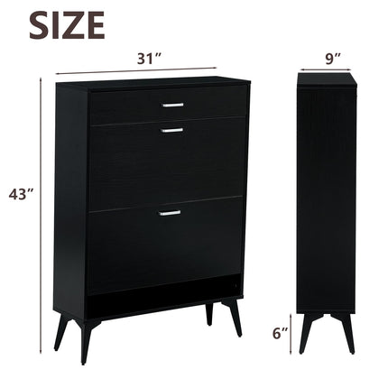Black Shoe Cabinet with 2 Flip Drawers, Freestanding Shoe Storage Cabinet with Adjustable Shelf, Metal Legs for Entryway Hallway
