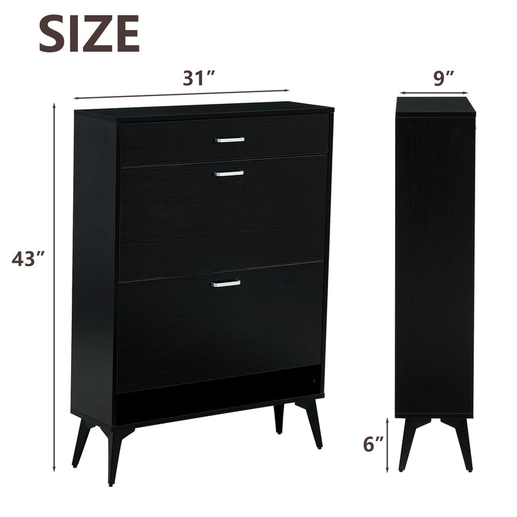 Black Shoe Cabinet with 2 Flip Drawers, Freestanding Shoe Storage Cabinet with Adjustable Shelf, Metal Legs for Entryway Hallway