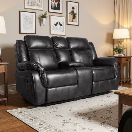 Leather Manual Recliner Sofa Set, 1, 2, 3 Seat Reclining Chairs with Adjustable Angles, Center Console, Hidden Storage & Cup Holders, Modern Reclining Furniture for Living Room & Bedroom, Black