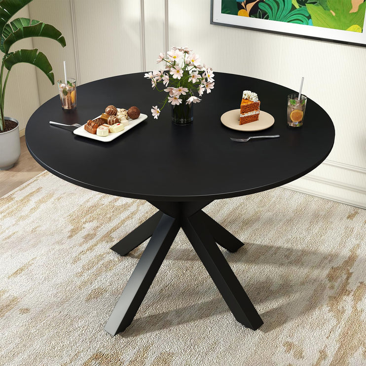 Round Dining Table for 4-6, 42" Modern Kitchen Dining Table with Metal Cross Legs, Small Round Dining Kitchen Tables for Home Dining Room, Apartment, Living Room, Black