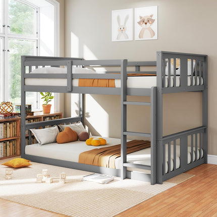 Wooden Bunk Bed Twin Over Twin, Low Bunk Bed, Solid Pine Wood Bed Frame with Built-in Ladder, Convertible Bed Frame That Separates into 2 Twin Beds, Floor Bunk Bed for Bedroom, Gray