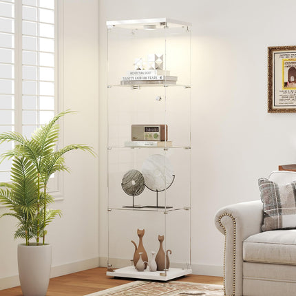 Tempered Glass Display Cabinet with Lights, 4-Tier Curio Cabinet with Glass Doors and Lock, Glass Display Case for Collectibles, for Living Room, Office, Bedroom, Single Door, White
