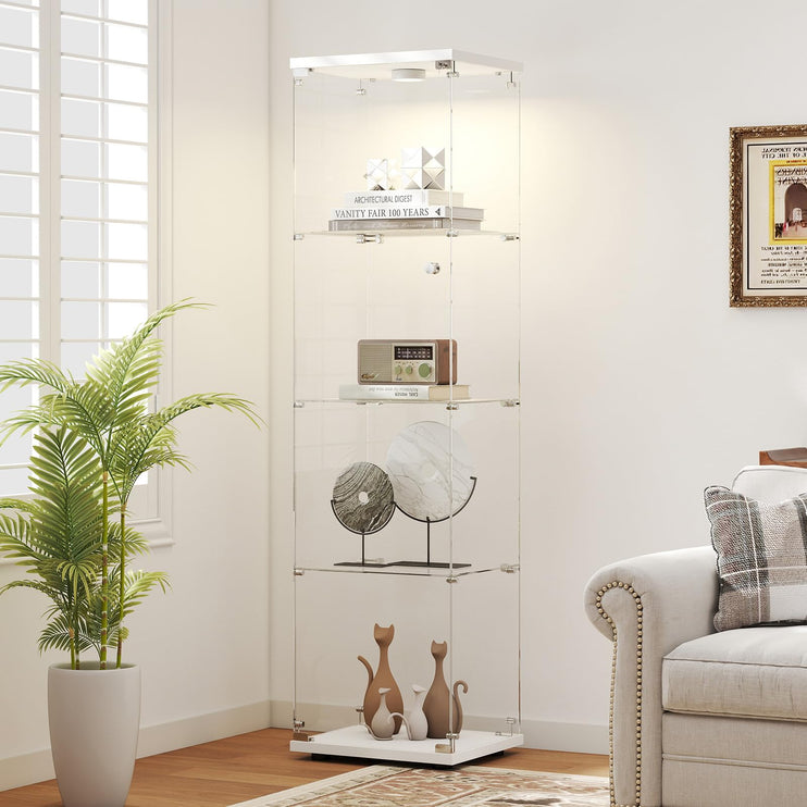 Tempered Glass Display Cabinet with Lights, 4-Tier Curio Cabinet with Glass Doors and Lock, Glass Display Case for Collectibles, for Living Room, Office, Bedroom, Single Door, White