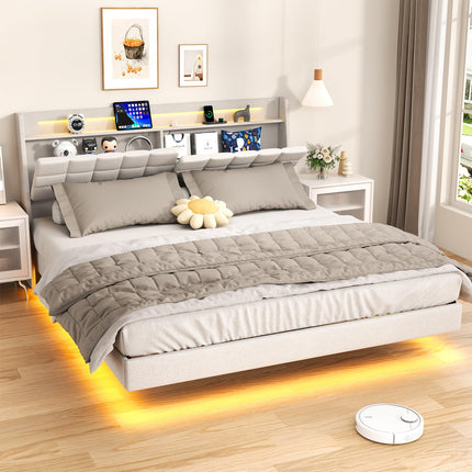 Floating King Bed Frame with Storage Headboard, Upholstered Platform Floating Bed Frame King with LED Lights, Charging Station with USB Ports, Noiseless, White