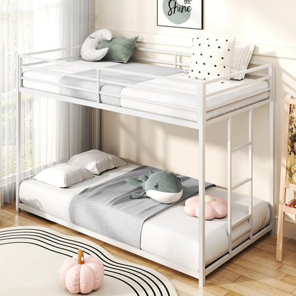 Twin Over Twin Bunk Bed, Metal Low Profile Bunkbeds with Full-Length Guardrail and Ladder, Space Saving, No Boxing Spring Needed, White