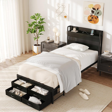 Twin Bed Frame with Storage Drawers, Twin Metal Bed Frame with LED Light and Charging Station, Heavy Duty Metal Slats, No Box Spring Needed, Black