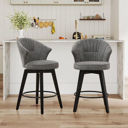 Bar Stools Set of 2, 25" Counter Height Stools, 360° Swivel Bar Stools, Stools for Kitchen Counter, Barstools Set of 2 with Wood Legs & Chenille Upholstery for Pub & Dining Room-Grey