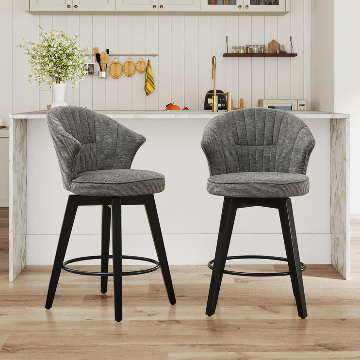 Bar Stools Set of 2, 25" Counter Height Stools, 360° Swivel Bar Stools, Stools for Kitchen Counter, Barstools Set of 2 with Wood Legs & Chenille Upholstery for Pub & Dining Room-Grey