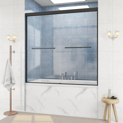 56-60" W Tub Shower Door, Bathtub Sliding Doors, Double Sliding Shower Door w/ 1/4" (6mm) SGCC Shatterproof Tempered Glass, Aluminium Alloy & Stainless Steel, Black