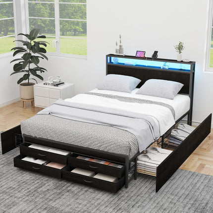 Full Bed Frames with Headboard, Full Size Storage Bed Frame with 8 Drawers, Built-in Charging Ports & Outlets, Adjustable Atmospheric LED Lights, Full-Size Metal Foundation Beds Base, Black