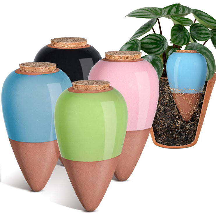 4-Pack Terracotta Watering Spikes, Plant Watering Devices with Lid, Terracotta Spikes Self-Watering Device, Slow Release Plant Watering Spikes for Indoor & Outdoor Plants