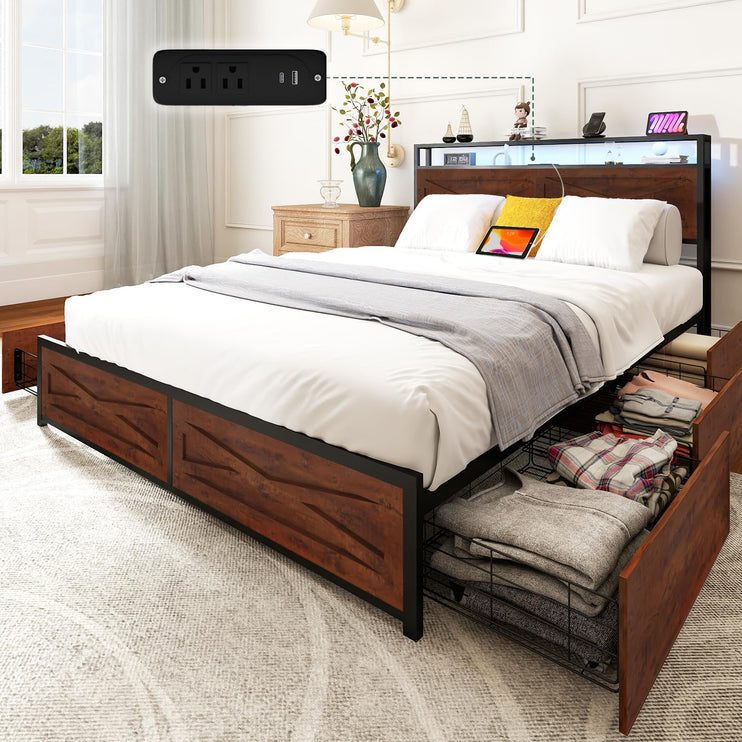 Queen Size Storage Bed Frame with 6 Underbed Drawers, Queen Platform Bed Frames with Charger & LED Lights, Metal Slats & Wooden Headboard, Easy Assembly, Reddish Brown