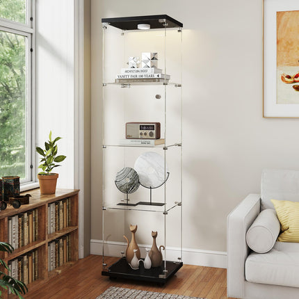 Tempered Glass Display Cabinet with Lights, 4-Tier Curio Cabinet with Glass Doors and Lock, Glass Display Case for Collectibles, for Living Room, Office, Bedroom, Single Door, Black