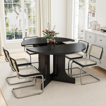 43"-59" Expandable Round Dining Table, Extendable Dining Room Table for 4-6, Oval Tabletop with Removable Leaf, Trestle X-Shaped Base & Metal Track for Dining Room, Living Room-Black