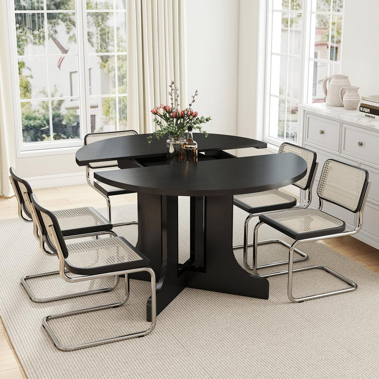 43"-59" Expandable Round Dining Table, Extendable Dining Room Table for 4-6, Oval Tabletop with Removable Leaf, Trestle X-Shaped Base & Metal Track for Dining Room, Living Room-Black