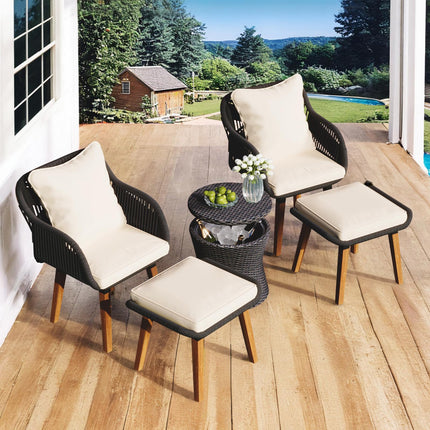 5 Piece Rope Patio Furniture Set, All-Weather Conversation Sets for Backyard with Handwoven Armchairs, Ottomans, Pop-Up Cool Bar Wicker Table, Beige