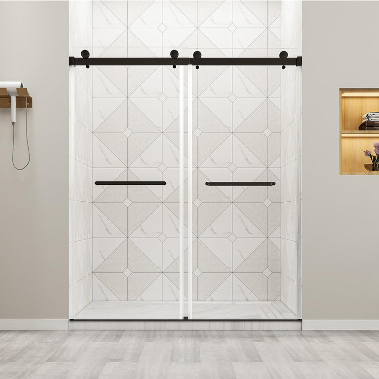 56"-60" W x 75" H Frameless Shower Door, Double Sliding Shower Doors with 5/16" (8mm) Clear Tempered Glass, Noiseless Shatterproof Shower Door, 304 Stainless Steel, Black
