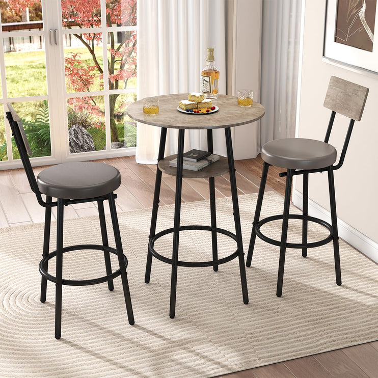 3 Pieces Round Bar Table and Chairs Set, Small Dining Table for 2, Kitchen Bar Table, Breakfast Table with Storage, 2 Thickened Cushion Stools with Backrest for Dining Room & Bistro-Grey