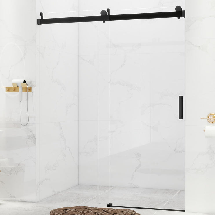 56-60'' W x 76 '' H Shower Doors, Frameless Single Sliding Doors, Walk in Shower Doors with 3/8" (10 mm) Tempered Glass, Stainless Steel Handles, Matte Black