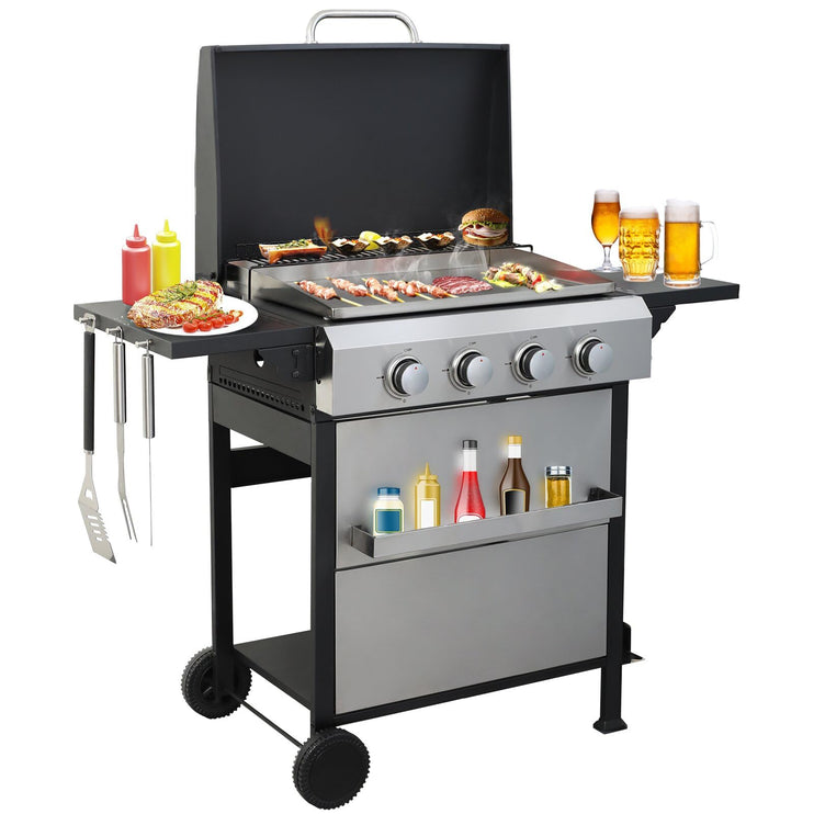 4 Burner Propane Grill with Built-in Thermometer, Durable Lid, Wheels, Foldable Side Tables, Stainless Steel Grilling Pan, 49,200 BTU Gas Grill for Patio, Garden Barbecues