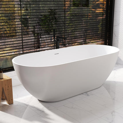 59/63/69 Inch Solid Surface Freestanding Bathtub, Oval Shaped Soaking Stone Resin Bath Tub with Brushed Overflow and Drain, Matte White Stand Alone Bathtub, cUPC Certified