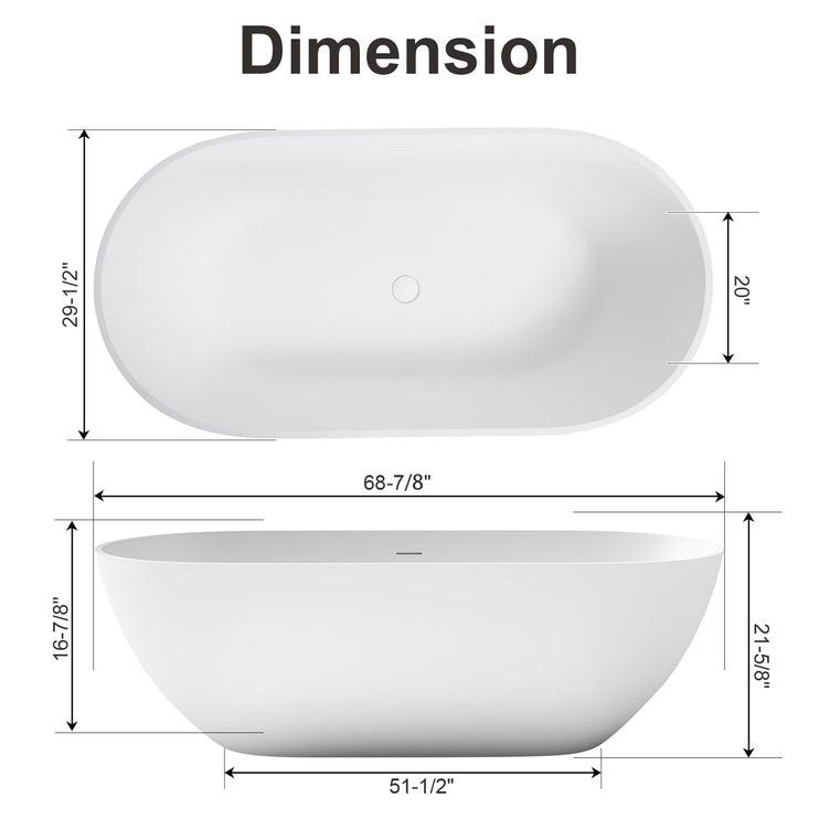 59/63/69 Inch Solid Surface Freestanding Bathtub, Oval Shaped Soaking Stone Resin Bath Tub with Brushed Overflow and Drain, Matte White Stand Alone Bathtub, cUPC Certified