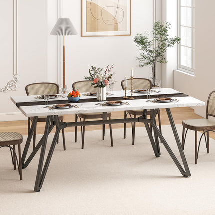 70.9" Dining Table for 6-8 People, Large Farmhouse Dining Room Table, Modern Rectangular Kitchen Table with Spacious Tabletop & Triangular-Shaped Steel Base for Kitchen, Dining Room-White