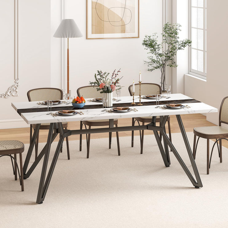 70.9" Dining Table for 6-8 People, Large Farmhouse Dining Room Table, Modern Rectangular Kitchen Table with Spacious Tabletop & Triangular-Shaped Steel Base for Kitchen, Dining Room-White