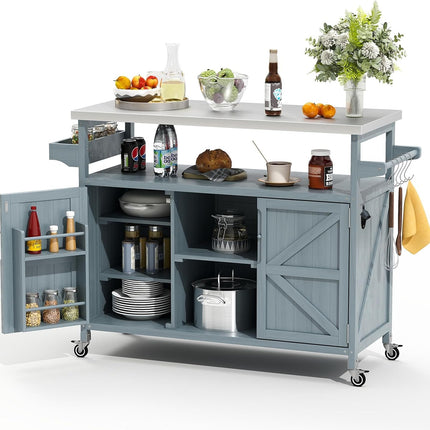 Outdoor Grill Cart with Storage, Stainless Steel Tabletop Outdoor Kitchen Island, Fir Wood Outdoor Buffet Cabinet with Lockable Wheels for Grilling, Gray-Blue