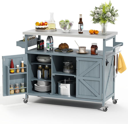 Outdoor Grill Cart with Storage, Stainless Steel Tabletop Outdoor Kitchen Island, Fir Wood Outdoor Buffet Cabinet with Lockable Wheels for Grilling, Gray-Blue