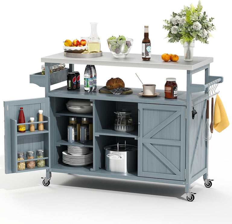 Outdoor Grill Cart with Storage, Stainless Steel Tabletop Outdoor Kitchen Island, Fir Wood Outdoor Buffet Cabinet with Lockable Wheels for Grilling, Gray-Blue