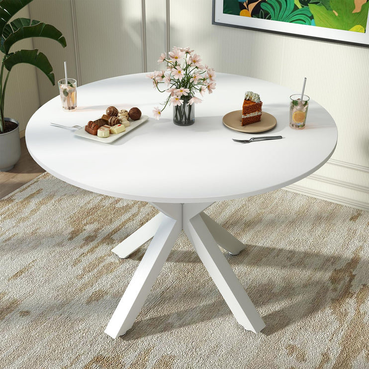 Round Dining Table for 4-6, 42" Modern Kitchen Dining Table with Metal Cross Legs, Small Round Dining Kitchen Tables for Home Dining Room, Apartment, Living Room, White