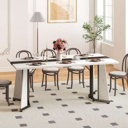 70.9" Large Dining Table for 8, Wood Dining Table for 6-8, Farmhouse Kitchen Table with Spacious Tabletop & V-Shaped Steel Base, 8 Adjustable Legs for Kitchen, Office, Dining Room-White