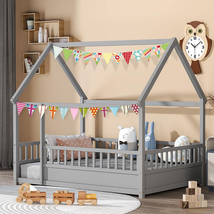 Twin House Bed for Kids, Wooden Montessori Bed with Fence and Roof for Toddlers, Kids Floor Bed Frame for Girls & Boys, Twin Grey