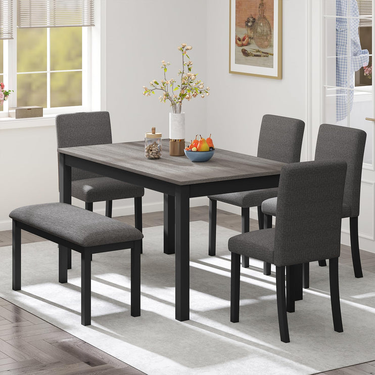 6-Piece Solid Wood Dining Table Set, Including 1 Dining Table, 4 Upholstered Chairs and 1 Bench, Wooden Legs Dining Table Set for Dining Room, Kitchen, Restaurant, Dark Grey