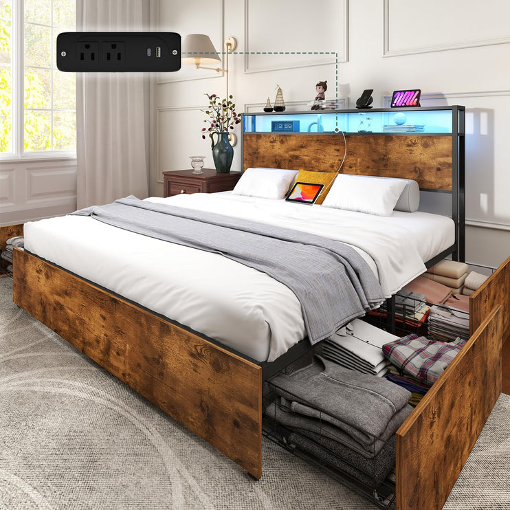 Queen Bed Frame with 4 Storage Drawers, Wooden Headboard with Charging Station & Adjustable LED Lights, Large Under-Bed Space, Queen Metal Platform Bed Base, No Box Spring Needed, Brown