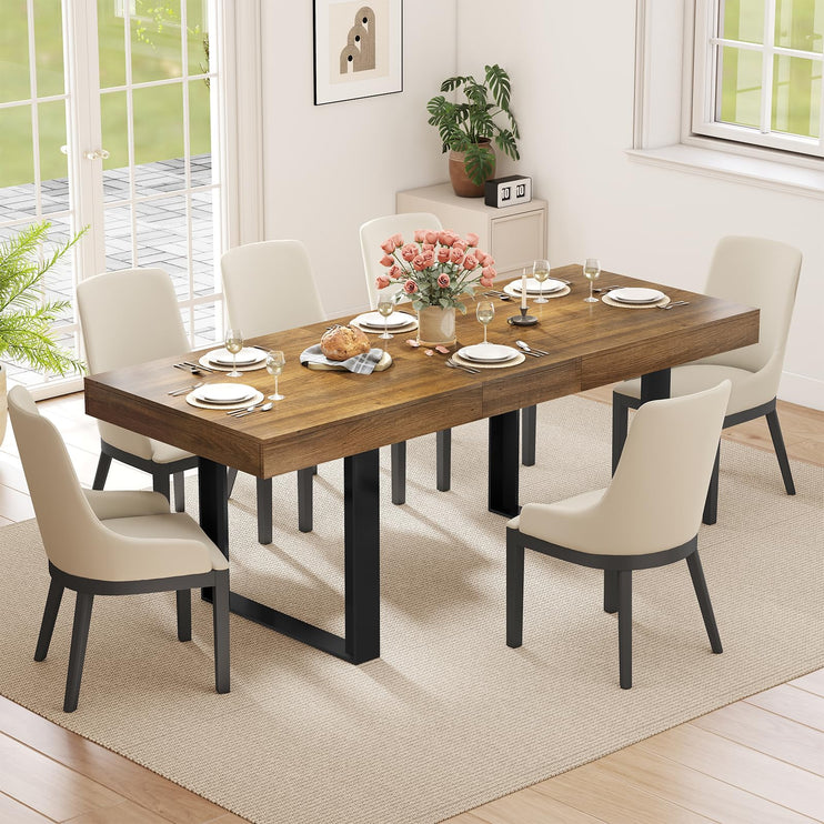 63"-78.7" Expandable Dining Table, 6-10 Extendable Dining Table, Farmhouse Kitchen Table with Slide Track, Tapered U-Shaped Wood Legs for Dining Room, Living Room-Brown