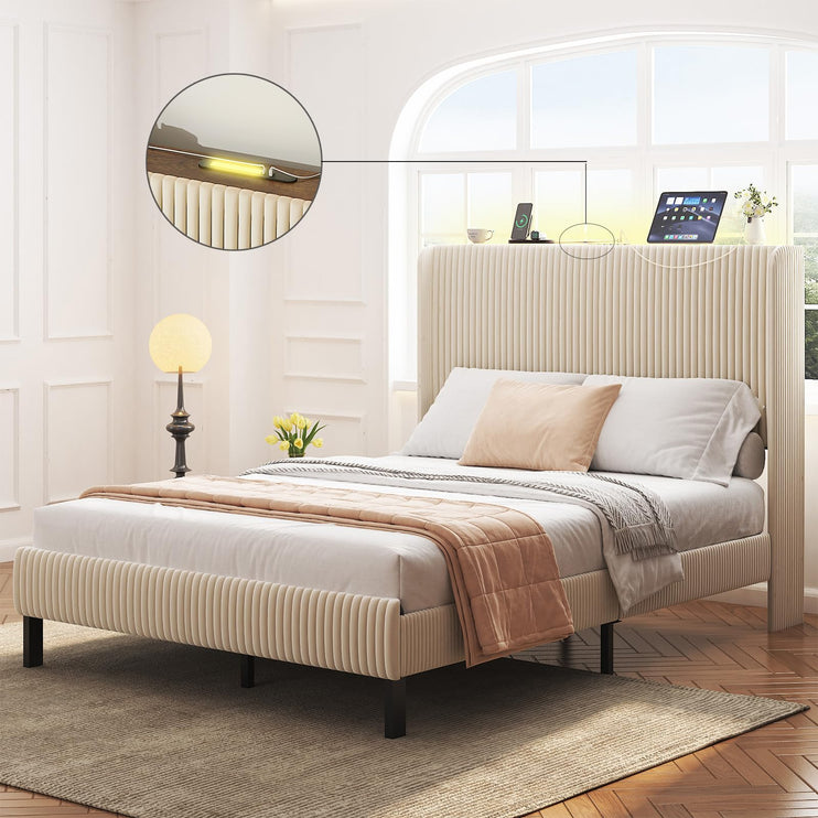 Full Size Velvet Bed Frame with Upholstered Headboard, Tufted Velvet Wingback Storage Headboard, Full Platform Bed Frames w/Charging Station & LED Light, Underbed Storage Space, Beige