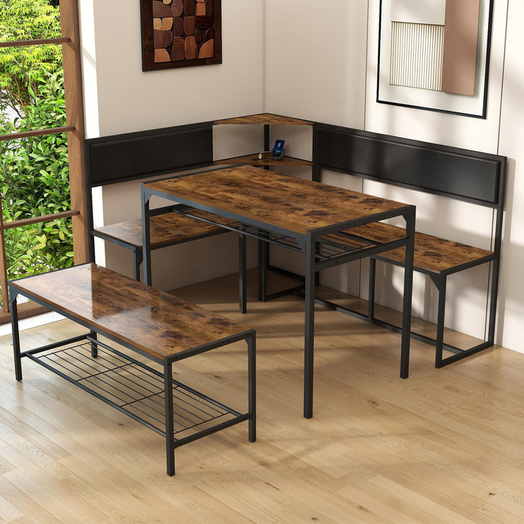 Corner Dining Table Set for 4-6, Breakfast Nook Table Set with Charging Port, Corner Kitchen Table with Storage & Bench, Farmhouse Corner Dining Table Set for Dining Room, Kitchen - Brown