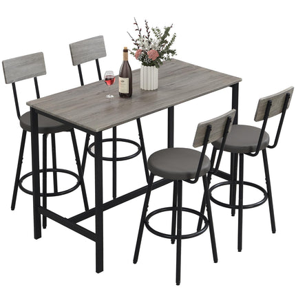 Dining Table Set for 4, 5-Piece Bar Table Set, Kitchen Table and Chairs, Counter Height High Top Table with 4 PU Upholstered Stools, Space-Saving Pub Table Sets for Small Space, Gray