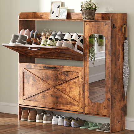 40.51" Shoe Storage Cabinet with 2 Flip Drawers & Side Cabinet, Flip Drawer Shoe Cabinet with Mirror and Adjustable Shelves, Wooden Shoe Organizer Cabinet for Entryway, Livingroom, Brown