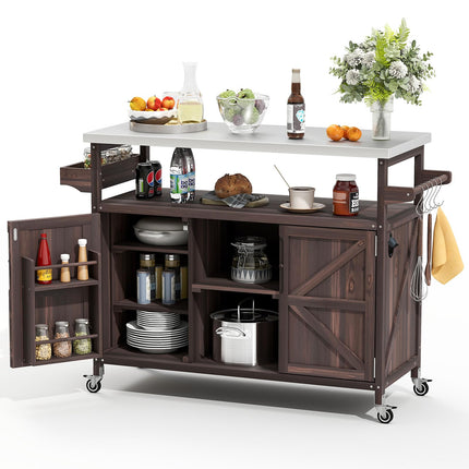 Outdoor Grill Cart with Storage Space, Stainless Steel Tabletop Outdoor Kitchen Island, Fir Wood Outdoor Buffet Cabinet with Lockable Casters for Grilling, Brown