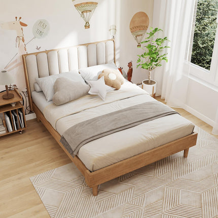 Wood Queen/King Bed Frame with Piano Key Style Upholstered Headboard, Sturdy Solid Wood Framework & Wooden Slat Support, No Box Spring Required, Wheat